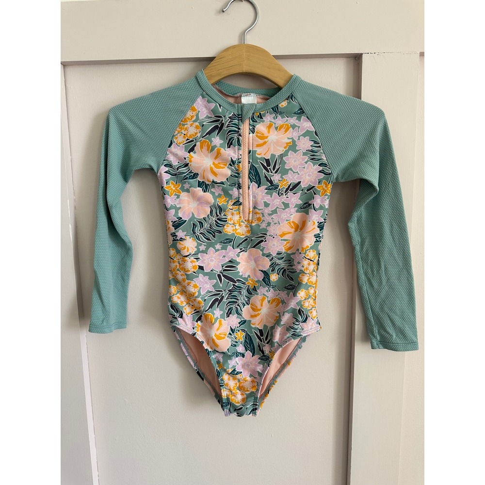 Cat & Jack Girls Tropical Floral Long Sleeve Rash Guard Swimsuit Teal Pink M 7/8